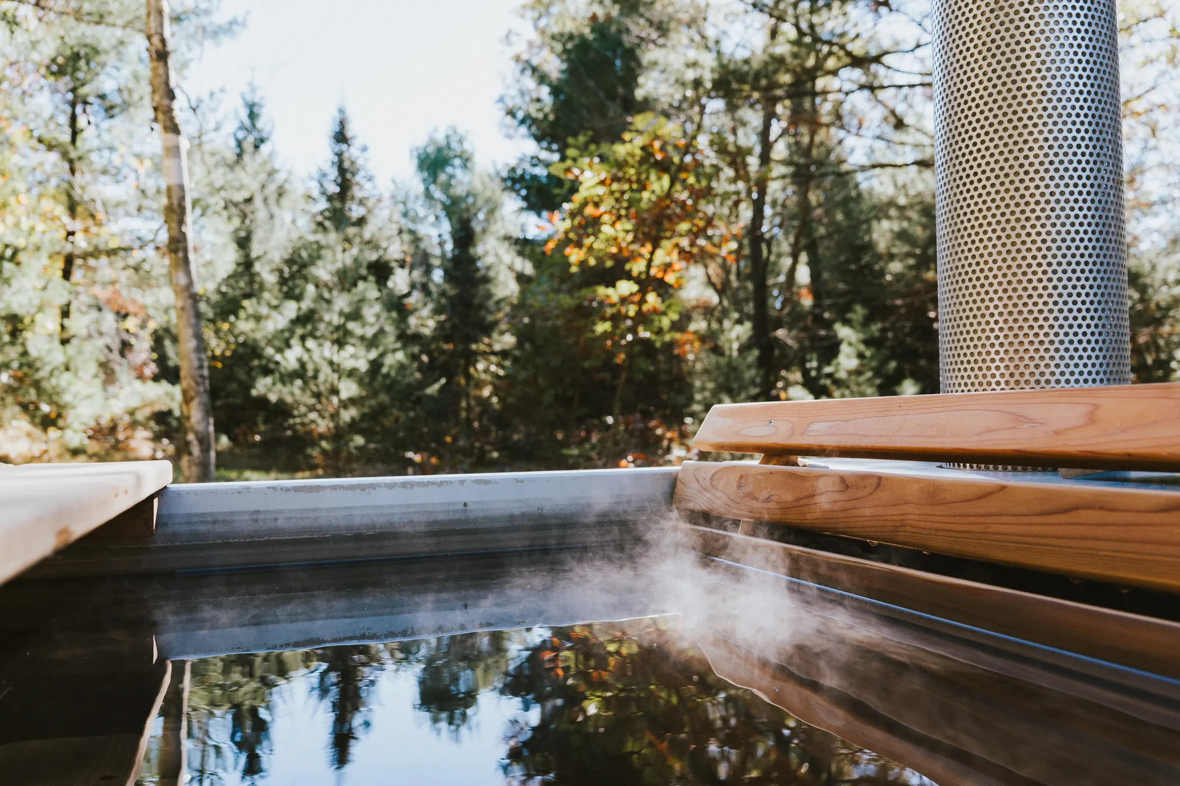 Steam rising from the cold plunge in the forest