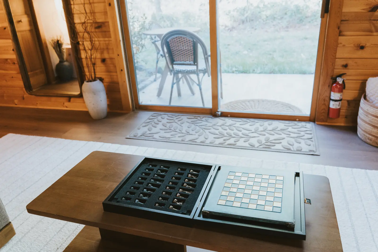 Backgammon and chess set on the coffee table